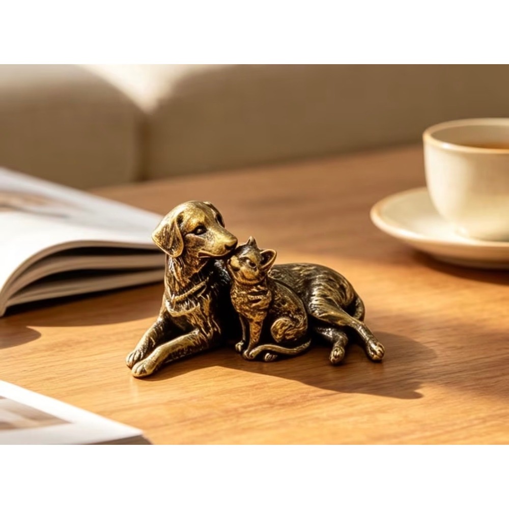 Antique Brass Dog and Cat Miniature Figurine OS Gold New
